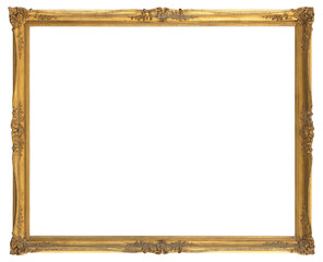 A narrow gilded patterned frame of a painting in the Borroque style on a transparent background, in PNG format.