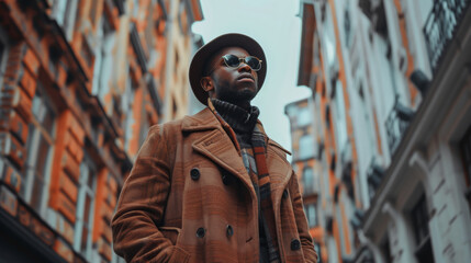 Stylish man in a trench coat and fedora stands confidently on a city street, with classic European architecture in the background - obrazy, fototapety, plakaty