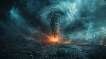 A dramatic landscape scene depicting a powerful tornado touching down with electric lightning bolts in a stormy sky, surrounded by debris and a fiery explosion at its base.
