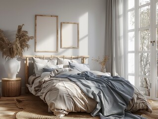 Home cozy Scandinavian bedroom interior with frame mockups