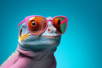 Close up portrait of cute funny chameleon wearing pink glasses on blue background. Generative AI