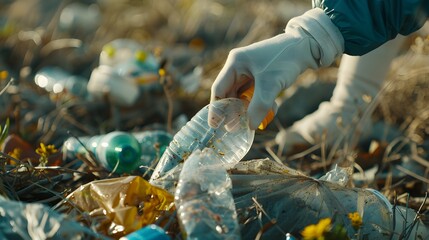 A hand in a white glove reaches into a bag of trash to pick up a plastic bottle.