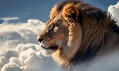 Profile of a majestic lion, its mane flowing in the wind, set against a dreamy cloudscape that merges with its regal pose. AI generation