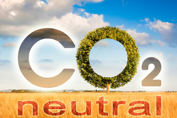 CO2 Neutral text - concept image against a rural scene
