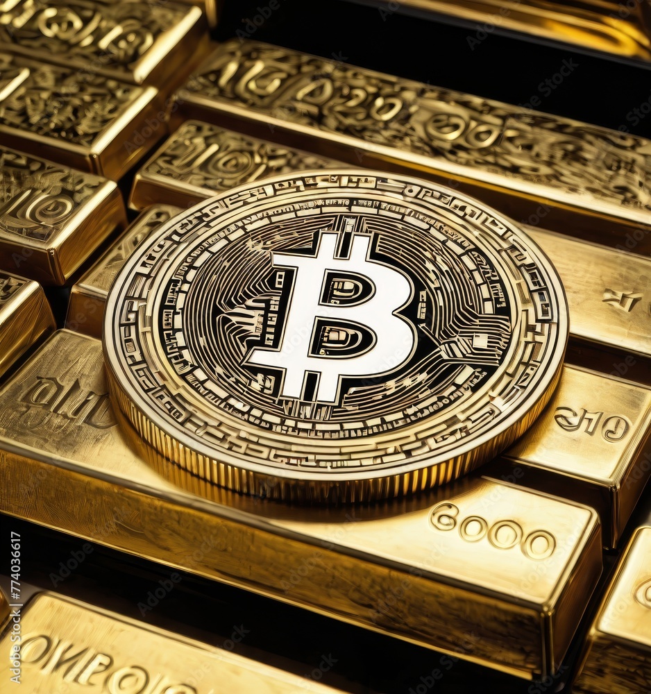 Poster a striking bitcoin coin rests on a stack of gold bars, illustrating the merging of digital and physi