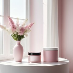 round podium in pale pink color with a tube of cosmetics and a jar of cream without labels, on a white background