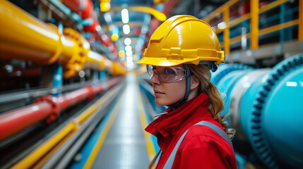 Woman Wearing Hard Hat and Safety Glasses at Worksite - obrazy, fototapety, plakaty