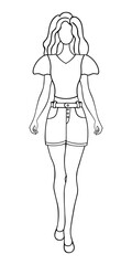 The woman is walking. A girl in a blouse with bell sleeves and short denim shorts with a belt.