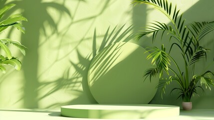Circular Podium with a Palm Shadow in Refreshing Green. Modern and Invigorating Presentation Concept.