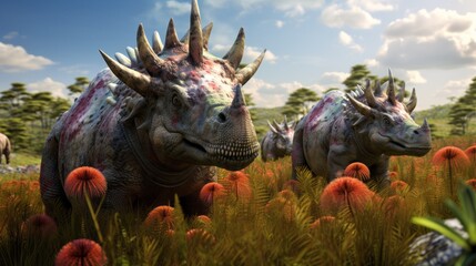 Two dinosaurs with horns and a flower field in the background