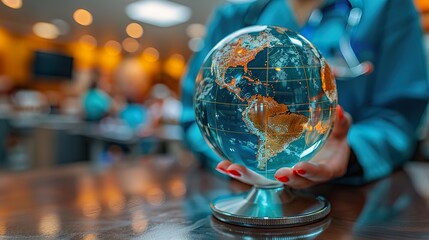 close up glass globe and stethoscope on table, world health day, medical and healthcare, telemedicine and climate change, global pandemic crisis