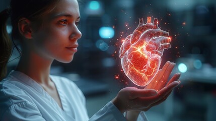 Female doctor touchstone virtual Heart in hand.Healthcare hospital service concept stock photo