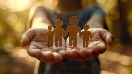 Hands holding paper family cutout, family home,life insurance, adoption foster care, homeless support , mental health, homeschooling education - Powered by Adobe