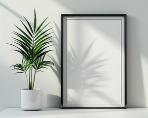 White frame mockup blank on floor with a potted plant, copy space, 3D rendering.
