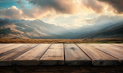 Empty table for copyspace template on mountain landscape. Plank wooden board floor on rustic outdoor backdrop for business mockup. Place for product display. AI Generated