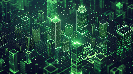 Isometric view of a digital city with green and white wireframe buildings