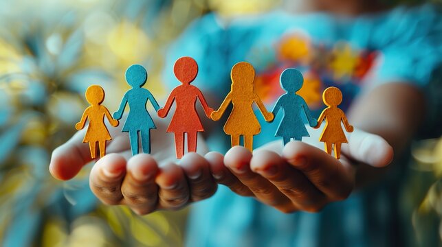 Hands holding paper family cutout, family home,life insurance, adoption foster care, homeless support , mental health, homeschooling education
