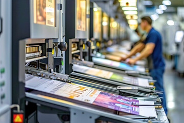 Workers manage data input, Variable data printing factory, digital printing presses equipped for personalized content. - obrazy, fototapety, plakaty