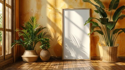 White frame mockup on wooden floor with a potted tropical plant, orange wall background, copy space, 3D rendering.