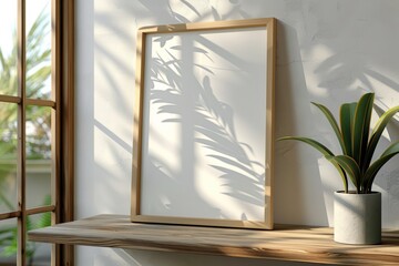 Wooden frame mockup on white wallpaper with a potted plant, earth tones, 3D rendering.