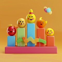 Obraz premium 3D icon Bar chart with cute characters representing business sectors icon 3d business