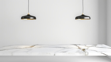 White table top with hanging lamps copy space. White background