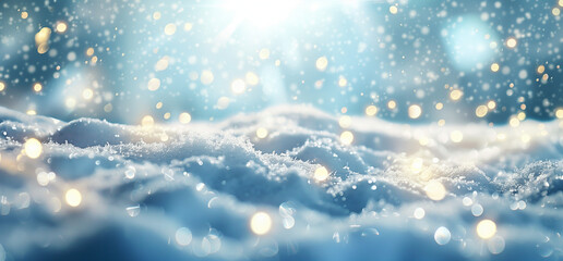 Winter Snow, Soft Bokeh Lights, Cold Blue Background with copy space