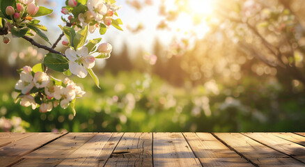 Naklejka na ściany i meble Apple Blossoms Over Wooden Table, Spring Floral Background with copy space