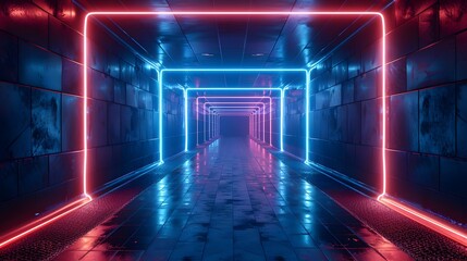 Abstract Design Background, Dark corridor illuminated by neon lights on both sides, light indigo and black, cubic futuristic, linear minimalism. For Design, Background, Cover, Poster, Banner, PPT, KV 