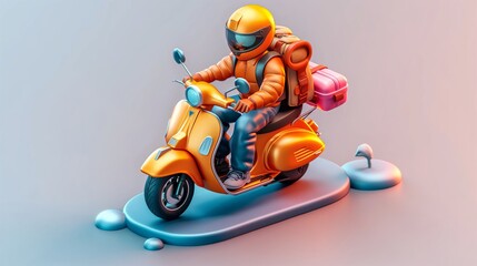 An illustration of a motorcyclist in full gear riding a scooter amidst abstract colorful shapes and a fluid, dynamic background