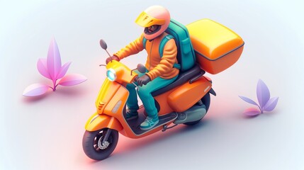 Illustration of a delivery worker in a safety helmet riding a bright orange motor scooter with large delivery boxes