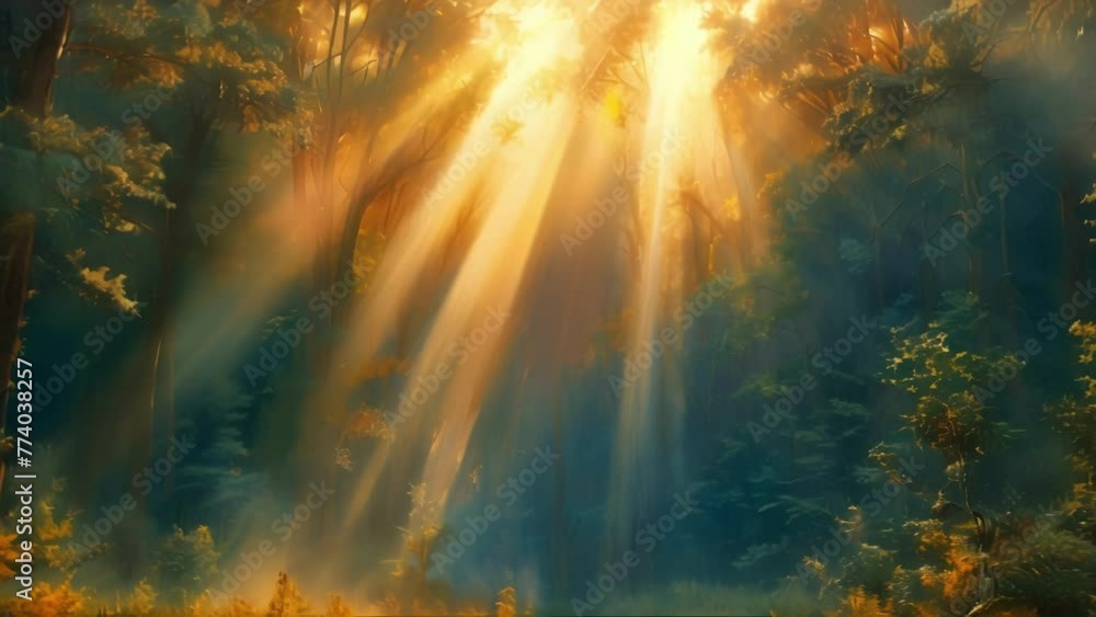 Poster a forest scene with a beam of sunlight breaking through the canopy. the rays of light seem to dance 