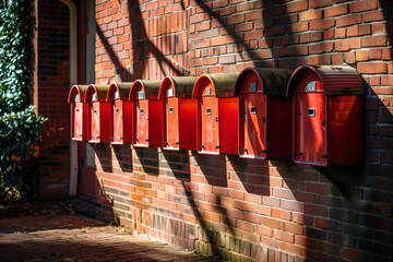 Row of Red Mailboxes, Brick Wall, Communication Concept