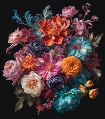 Obraz na płótnie Canvas painting of colorful flowers against a black background.
