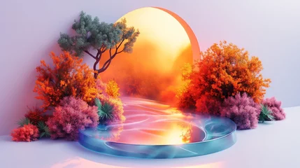 Fototapeten This image depicts a serene river flowing under a large, radiant sunset, surrounded by lush, colorful foliage and trees in a surreal setting © Yassirart
