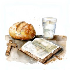 Religious still life , cross ,bible, glass of water and a loaf of bread on the table, watercolor illustration of fasting concept. AI generation	