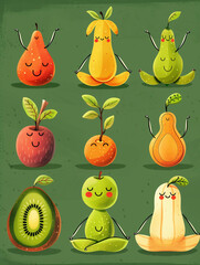  illustration of cute cartoon fruits doing sports, ai