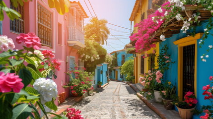Colorful Buildings and Flowers on a Narrow Street