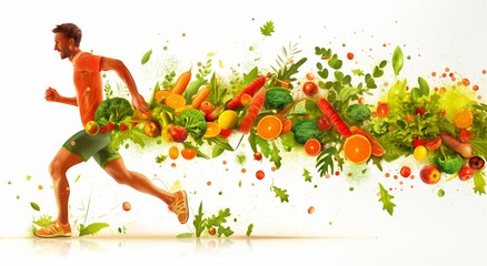 Dynamic image of a runner propelled by a colorful array of fruits and vegetables, highlighting fitness and nutrition