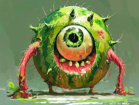 Watermelon beast, single large eye, fantasy doodle, lively green and red, angled shot, playful mood