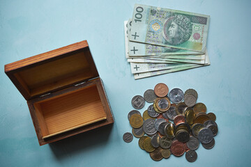 pysta krzynka, monety ,banknoty polskie 
