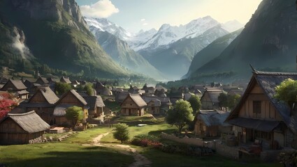 A tranquil village nestled in a valley surrounded by mountains