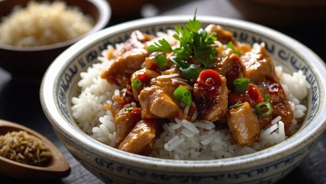 Rice with chicken teriyaki. Steaming rice and chicken meal Generative AI.