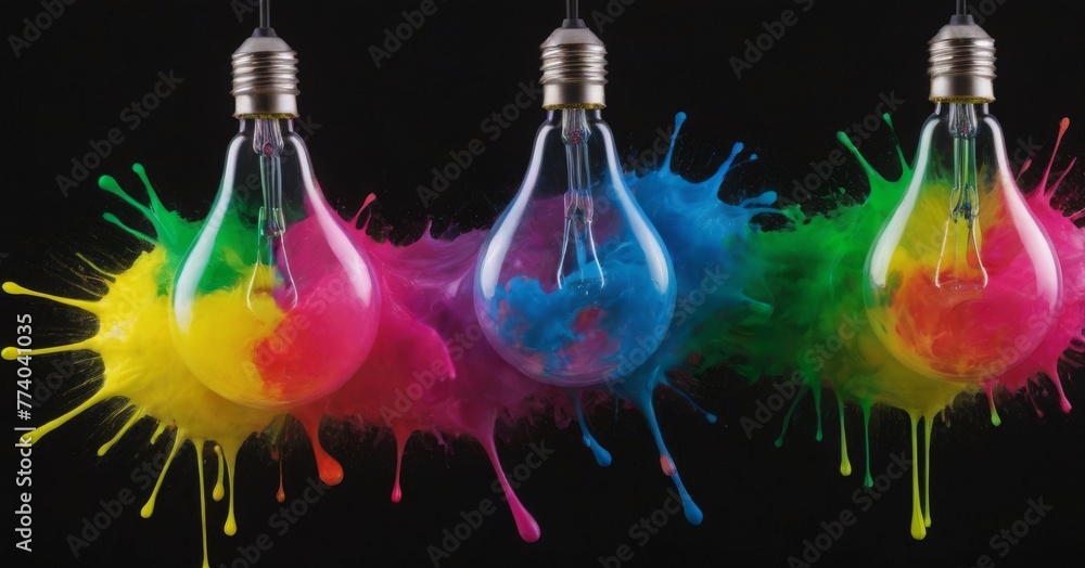 Poster light bulbs exploding with splashes of colorful paints against a black background, merging illuminat