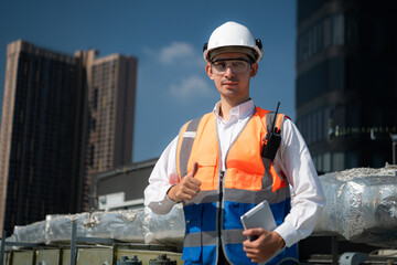 Portrait of Engineers inspect the completed air conditioning and water systems to continue...