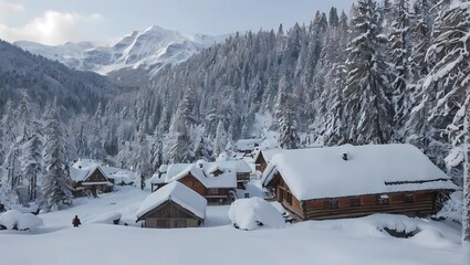 A snow-covered village nestled in a pine forest