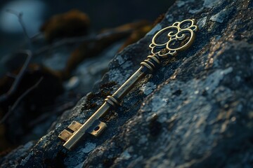 an old ancient metal mystery key on a rock