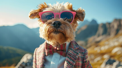 Stylish Dog in Sunglasses Enjoying Mountain View