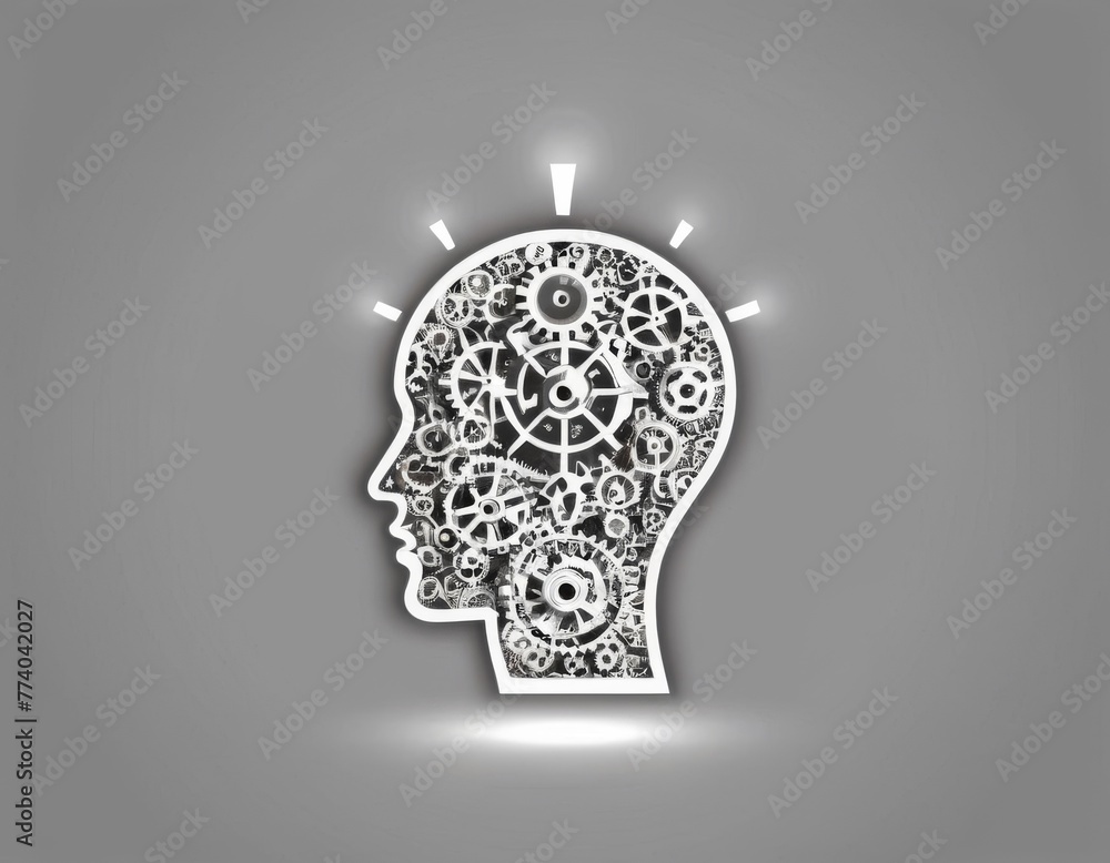 Poster a human head silhouette filled with intricate gears and cogs, illustrating the complexity and mechan