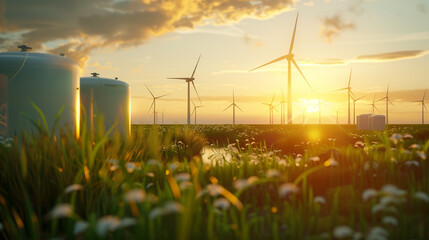 3D rendering, green grass with wind turbines and white storage tanks in the background, sunset light, high resolution photography.
